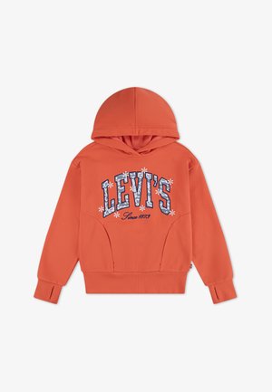 Oransje hettegenser med grafikk foran med "LEVI'S" og blomsterdetaljer, laget av mykt stoff med avslappet passform og kengurulomme.