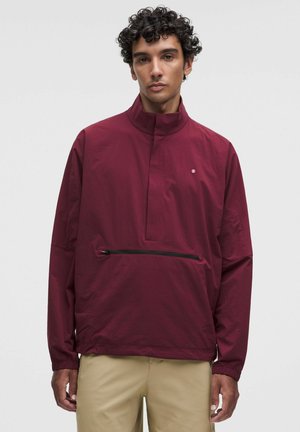 Hombre con cabello rizado que lleva un jersey burdeos de manga larga con un bolsillo delantero con cremallera y pantalones beige, de pie contra un fondo liso.