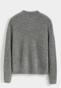 Pull gris en maille avec un col rond, des poignets côtelés et une surface texturée, présentant une coupe ample sans fermeture ni motifs visibles.