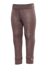 Bruna, stretchiga leggings med en jämn textur. Har en elastisk midjeband och en liten logotagg nära fållen. Inga mönster eller dekorationer.