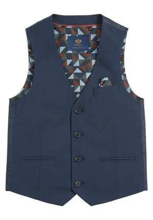 Marineblauw vest met vijf zwarte knopen, een notch-kraag en een gevoerde binnenkant met een patroon van geometrische vormen in rood, blauw en zwart.