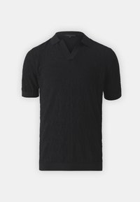 Mustat lyhythihaiset polo-paidat, joissa on tekstuuri, V-pääntie ja kontrastivärinen kaulus. Pehmeä kangas ja ribbineulehelma.