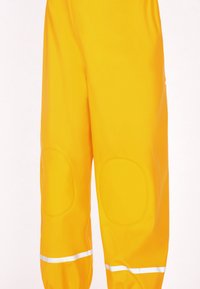 Jasne žlté nepremokavé nohavice s kolennými záplatami a reflexnými bielymi pruhmi pri manžetách, zobrazené na svetlom pozadí.