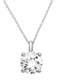 Sølv halskæde med en rund, klar cubic zirconia vedhæng, sat i fire grep, med en tynd, sammenkædet kæde.