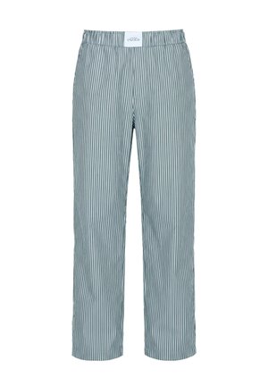 Šedé a bílé vertikálně pruhované elastické kalhoty s rovnými nohavicemi a bílou štítkem na pasu s nápisem "Studio Untold".