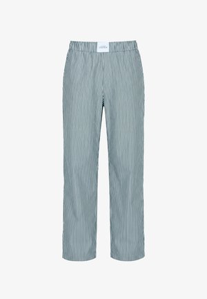 Szare i białe pionowo paskowane spodnie z elastycznym pasem, prostymi nogawkami i białą metką na pasku z napisem "Studio Untold".