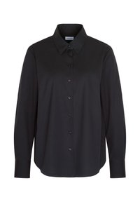 Chemise noire à manches longues avec boutons, col pointu et poignets, présentée sur fond blanc.