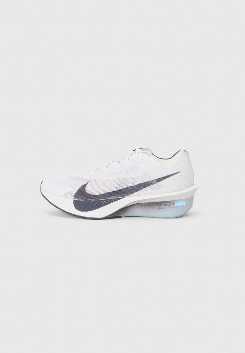 White running shoe with a dark blue swoosh, lightweight mesh upper, thick cushioned sole, and a translucent heel detail.