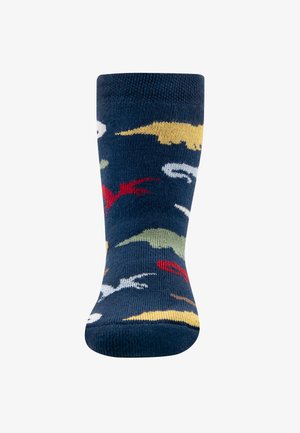 Marineblaue Socken mit bunten Dinosauriermustern in Gelb, Rot, Grün und Weiß. Hergestellt aus Textil mit einem gerippten Bündchen und einer glatten Textur.