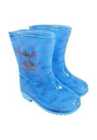 Bottes de pluie bleues pour enfants ornées de motifs répétés du personnage Stitch et d'un grand graphique de Stitch avec le texte "Disney Stitch" sur le côté.
