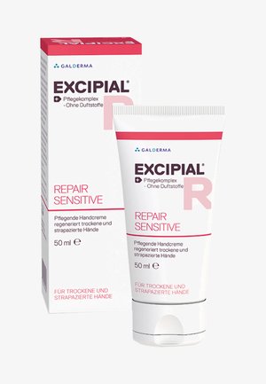 White tube of EXCIPIAL REPAIR SENSITIVE hand cream, 50 ml, with a red design and accents. Accompanied by a matching white and red box.