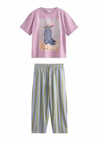 Purple short-sleeve T-shirt with a boot graphic and floral design paired with light blue vertical striped trousers in green and yellow tones.