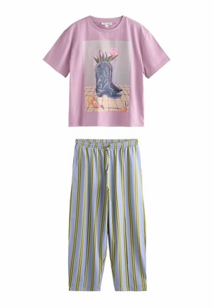 Purple short-sleeve T-shirt with a boot graphic and floral design paired with light blue vertical striped trousers in green and yellow tones.