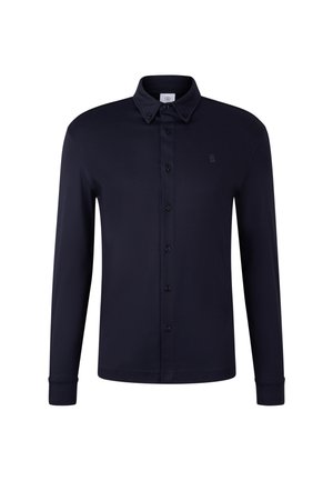 Navy long-sleeve shirt with a button-down collar, front buttons, and a subtle logo on the chest. Soft material with a smooth texture.