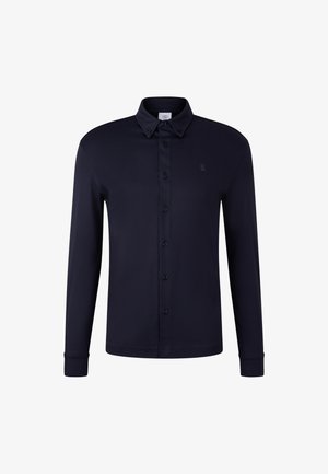 Marineblaues Langarmhemd mit Kragen zum Zuschneiden, vorderem Knopfverschluss und dezentem Logo auf der Brust. Weiches Material mit glatter Textur.