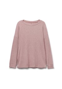 Långärmad topp i dammig ros, ribbad textur, bred ringning, neddragna axlar och sidoklyftor i nederkant för extra komfort och stil.