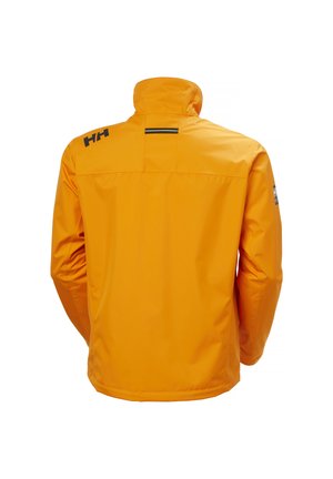 Feloranje waterdichte jas van achteren gezien met lange mouwen en zwart "HH" logo op de bovenste schouder en mouw.