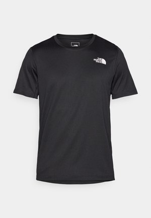 Black short-sleeve t-shirt made of textured fabric, featuring a small white logo on the upper left chest area, round neckline.