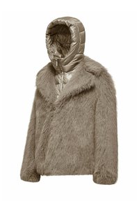 Pufferjack met een glanzende, lichtbruine metalen capuchon, een lichaam van faux bont in een donkerder bruin, en een relaxte, cropped pasvorm met brede mouwen.