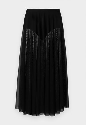 Jupe noire avec une taille ajustée, présentant un tissu transparent plissé en couches et un design texturé. Sa longueur atteint le milieu du mollet, avec une finition lisse.