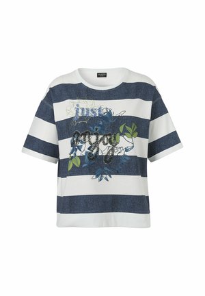 Short-sleeve crew neck T-shirt with wide navy and white horizontal stripes and floral text saying "just enjoy" on the front.