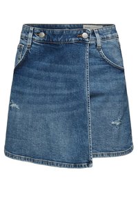 Jeans-Minirock in mittlerem Blau mit ausgefranstem Saum, zwei vorderen Taschen und silbernen Knöpfen am Bund. Mit leichter Used-Optik.