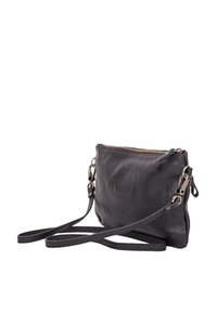 Black leather crossbody bag with a zipper closure, adjustable strap, and silver-tone hardware. Soft texture and minimal design.