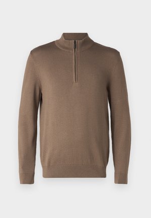 Brown pullover sweater with a quarter zip and stand-up collar. Knitted texture with ribbed cuffs and hem. Small logo on the chest.