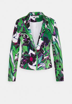 Blazer mit Ein-Knopf-Verschluss, der ein abstraktes Blumen- und Blattmuster in Grün, Schwarz, Lila und Weiß zeigt, mit Revers und Vorderentaschen.