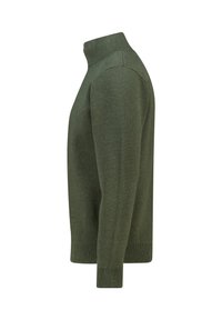 Olive green long-sleeve knit sweater with ribbed cuffs, hem, and mock neck collar, shown from the side.