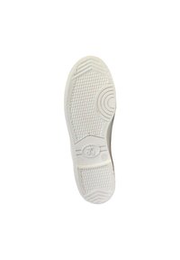 Semelle en caoutchouc blanc avec un motif de texture et des motifs circulaires. Il y a des accents surélevés et un détail de logo près du centre de la semelle.