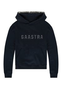 Marinblå hoodie med framficka, med upphöjd "GAASTRA"-logotyp och geografiska koordinater. Slät tyg med ribbad mudd och fåll.