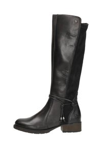 Botte en cuir noire jusqu'au genou avec un bout arrondi, fermeture éclair sur le côté, détail de lien ajustable et petit talon en bois brun. Texture lisse avec des accents de couture.