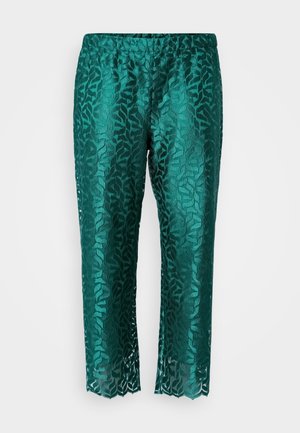 Teal lace trousers with a floral pattern, loose fit, cropped length, elastic waistband, and scalloped hem detail.
