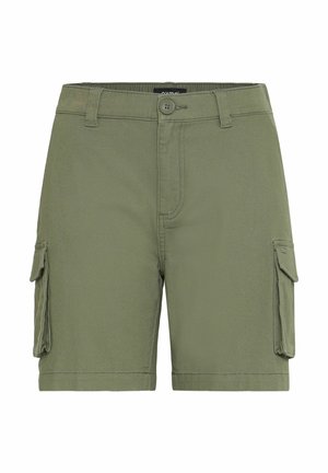 Olivenfargede cargo-shorts laget av slitesterkt stoff, med to sidelommer og lukking med knapp foran samt beltehemper.