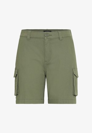 Olivegrønne cargo shorts lavet af slidstærkt materiale, med to sidelommer og en frontlukning med knap samt bæltestropper.