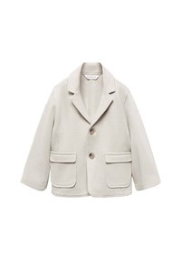 Chaqueta abotonada de un beige claro, con cuello de pico, dos bolsillos frontales y una tela texturizada con una silueta estructurada.