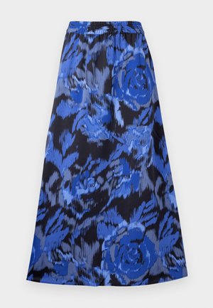 Flared skirt in a blue floral pattern on a black background. Elastic waistband, lightweight fabric, and knee-length design.