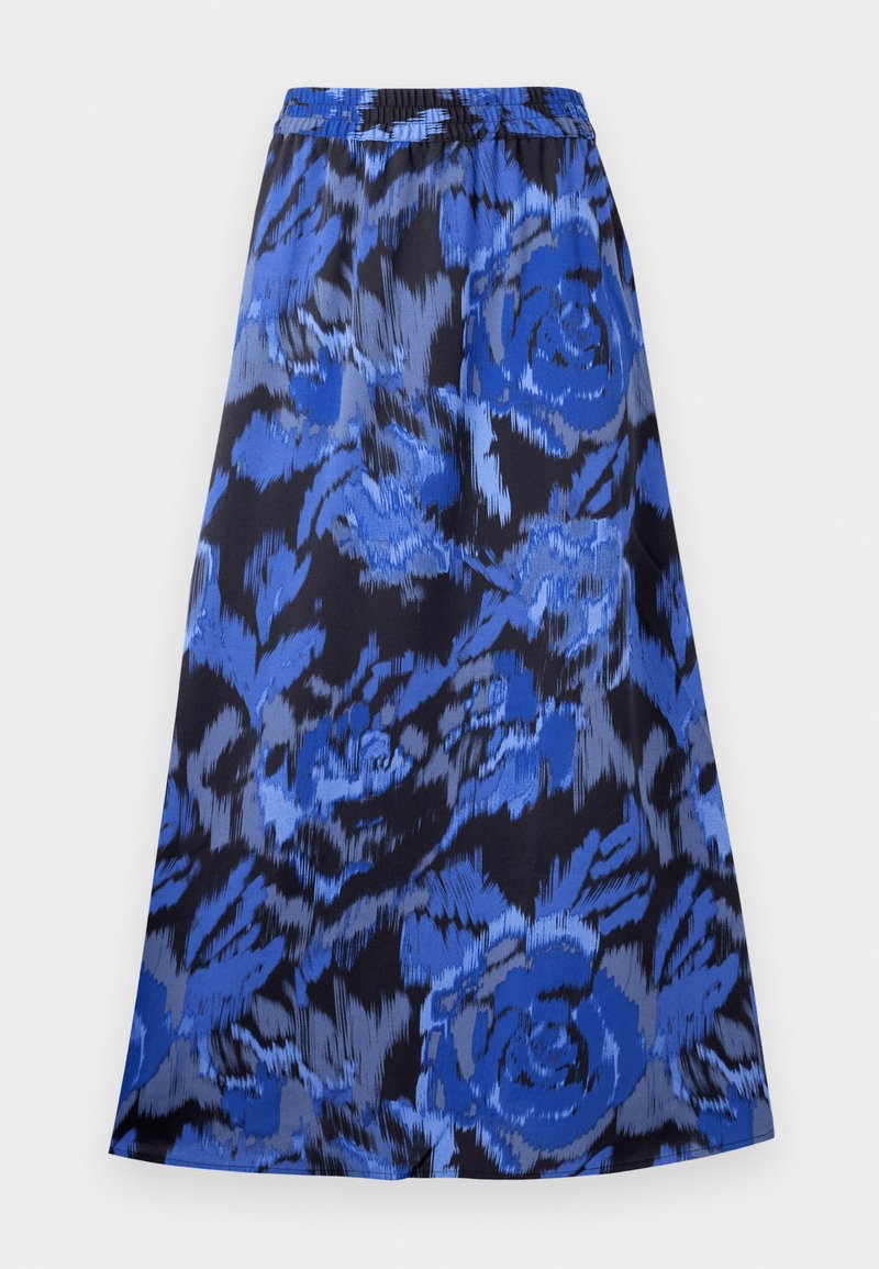 Jupe évasée avec un motif floral bleu sur fond noir. Taille élastique, tissu léger et longueur genoux.