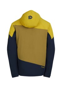 Giacca impermeabile in giallo, marrone e blu navy; presenta un cappuccio, un design geometrico a blocchi di colore e un dettaglio del logo sul retro.