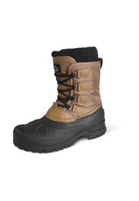 Brauner isolierter Schneestiefel mit einer Gummikappe an der Spitze und einer strukturierten schwarzen Sohle, ausgestattet mit verstellbaren Schnürsenkeln und einem Kunstpelzkragen.