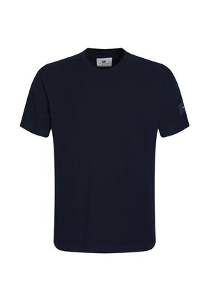 Navy blue short-sleeve t-shirt made of textured fabric with a crew neck and a logo patch on the left sleeve. Straight bottom hem.