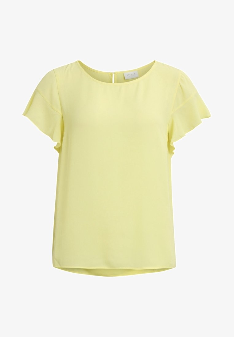 Blouse jaune à manches courtes avec un col arrondi et des manches volantées. Tissu lisse avec une légère brillance et une ouverture en forme de goutte d'eau au dos.