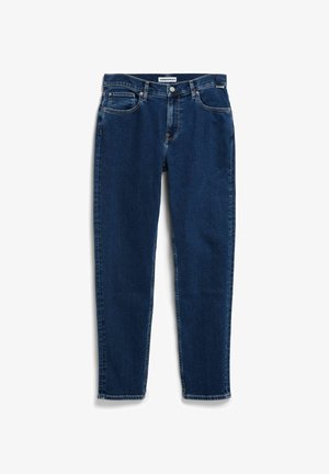 Dunkelblaue Denim-Jeans mit geradem Bein, fünf Taschen, oberem Knopfverschluss und dezenten Nähakzenten. Klassischer Stil.
