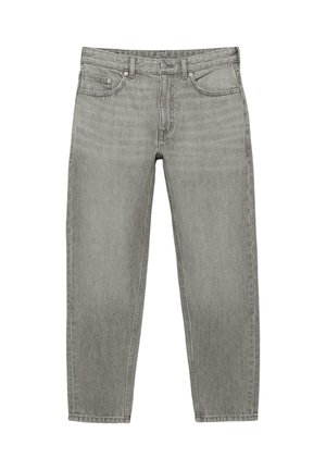 Grijze jeans met rechte pijpen, voorzien van voor- en achterzakken, lussen voor een riem en een knoopsluiting aan de taille, plat gelegd op een witte achtergrond.