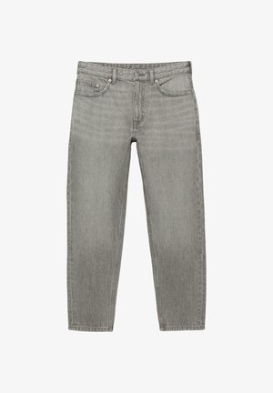 Jeans grigi a gamba dritta con tasche anteriori e posteriori, passanti per cintura e chiusura con bottone in vita, distesi su uno sfondo bianco.