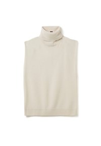 Beige ärmelloser Rollkragenpullover aus weichem Strickstoff, mit hohem Kragen und geripptem Saum für eine lockere Passform.