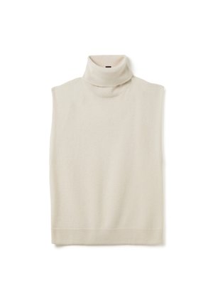 Maglione senza maniche color beige in un morbido tessuto a maglia, con colletto alto e bordi a coste all'orlo per una vestibilità morbida.