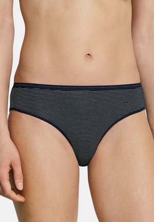 Marineblauw en wit gestreepte slip met een zachte textuur, voorzien van een lage taille en elastische tailleband, ontworpen voor comfort en een goede pasvorm.