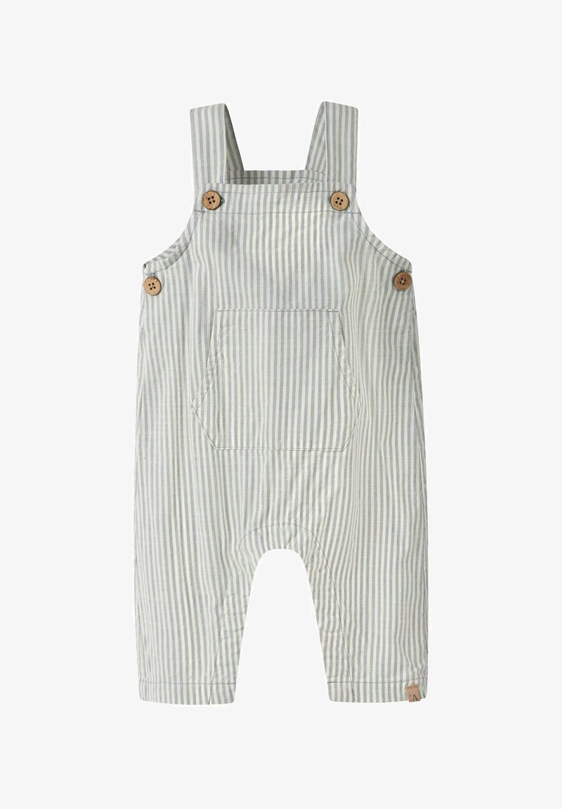 Grau-weiß gestreifter Baby-Strampler mit Fronttasche und Holzknöpfen an verstellbaren Schulterriemen und Seiten.
